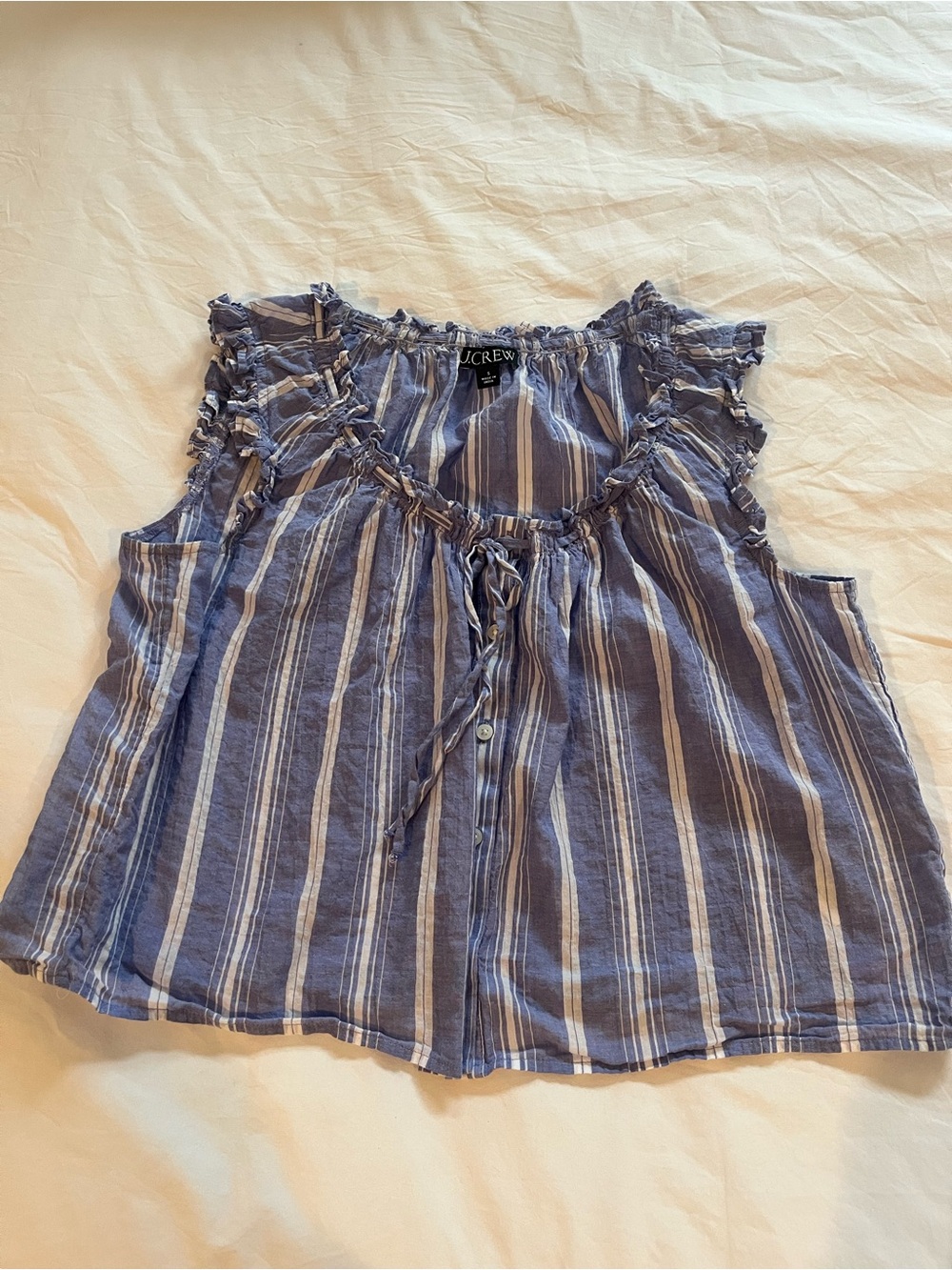 J. Crew Blue and White Striped Ruffle Tie-Front Camisole
